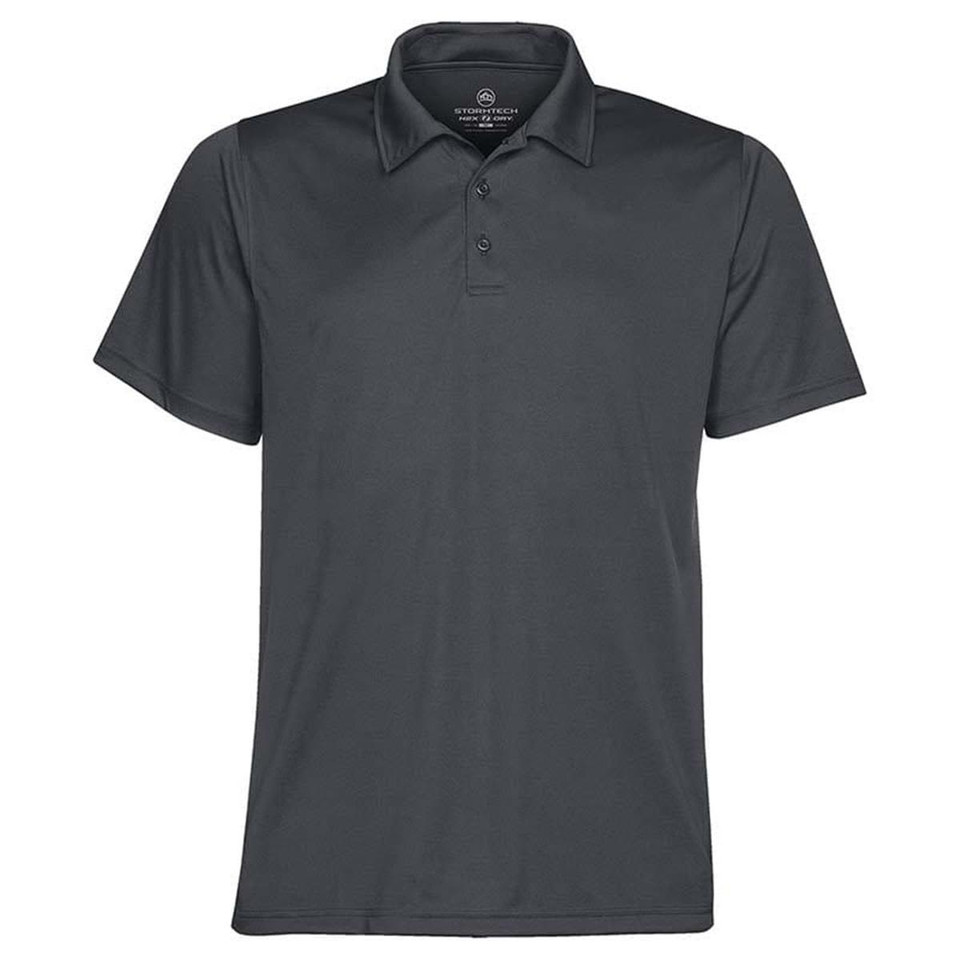 A dark grey men's polo shirt with a classic collar and three-button placket. It features a branding logo.