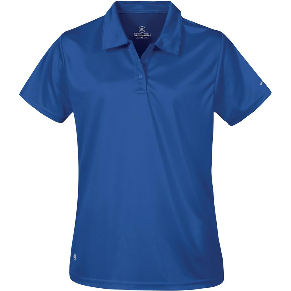 A blue women's polo shirt featuring a collared design and a subtle logo.