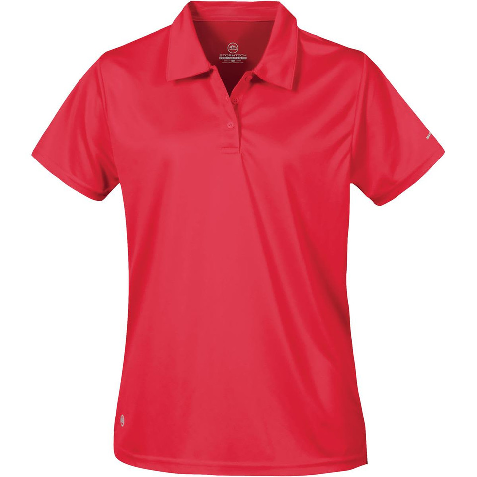 A red women's polo shirt featuring a collar and short sleeves, with a logo present on the design.