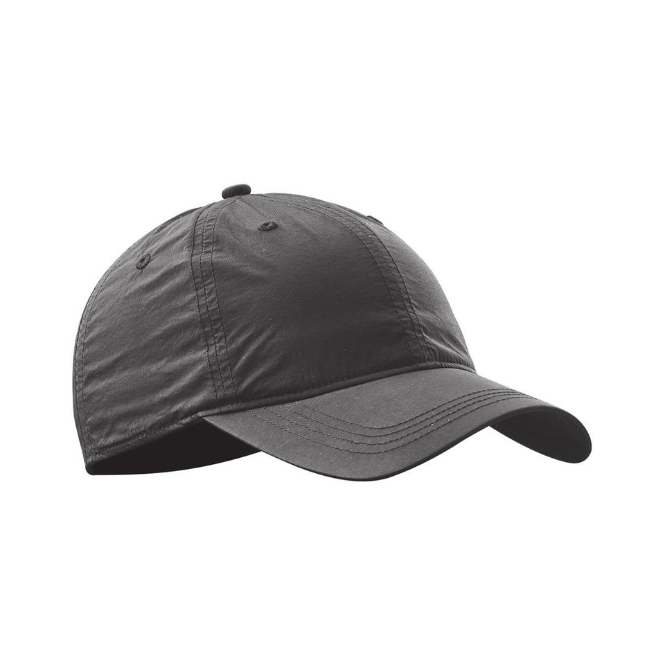 A black cap with a curved brim and a logo on the front, featuring a six-panel design.