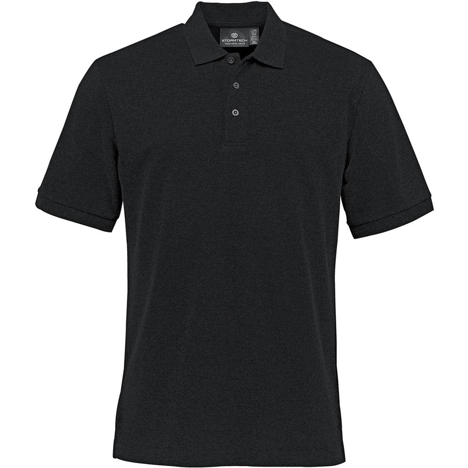 A black polo shirt featuring a collar, short sleeves, and a logo on the chest. Made from stretch pique fabric.