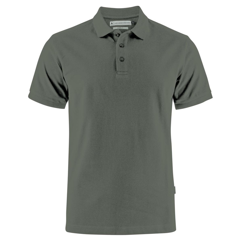 A grey men's cotton polo shirt with short sleeves, featuring a collar and buttons, and a logo on the side.
