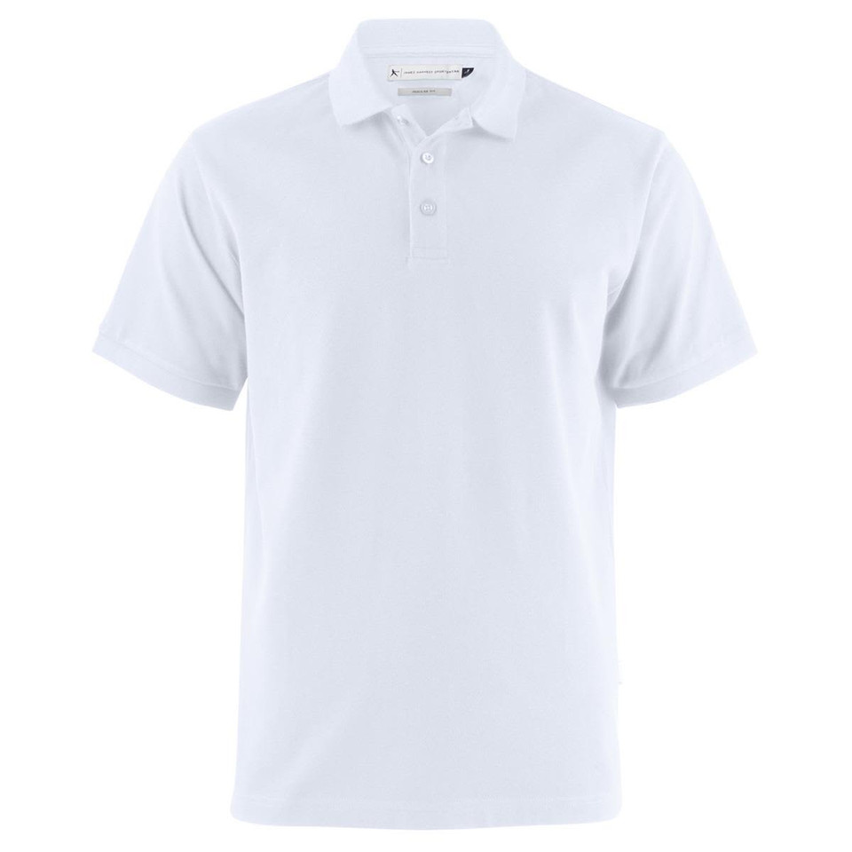 A white polo shirt with a classic collar and button placket, featuring a logo on the chest.