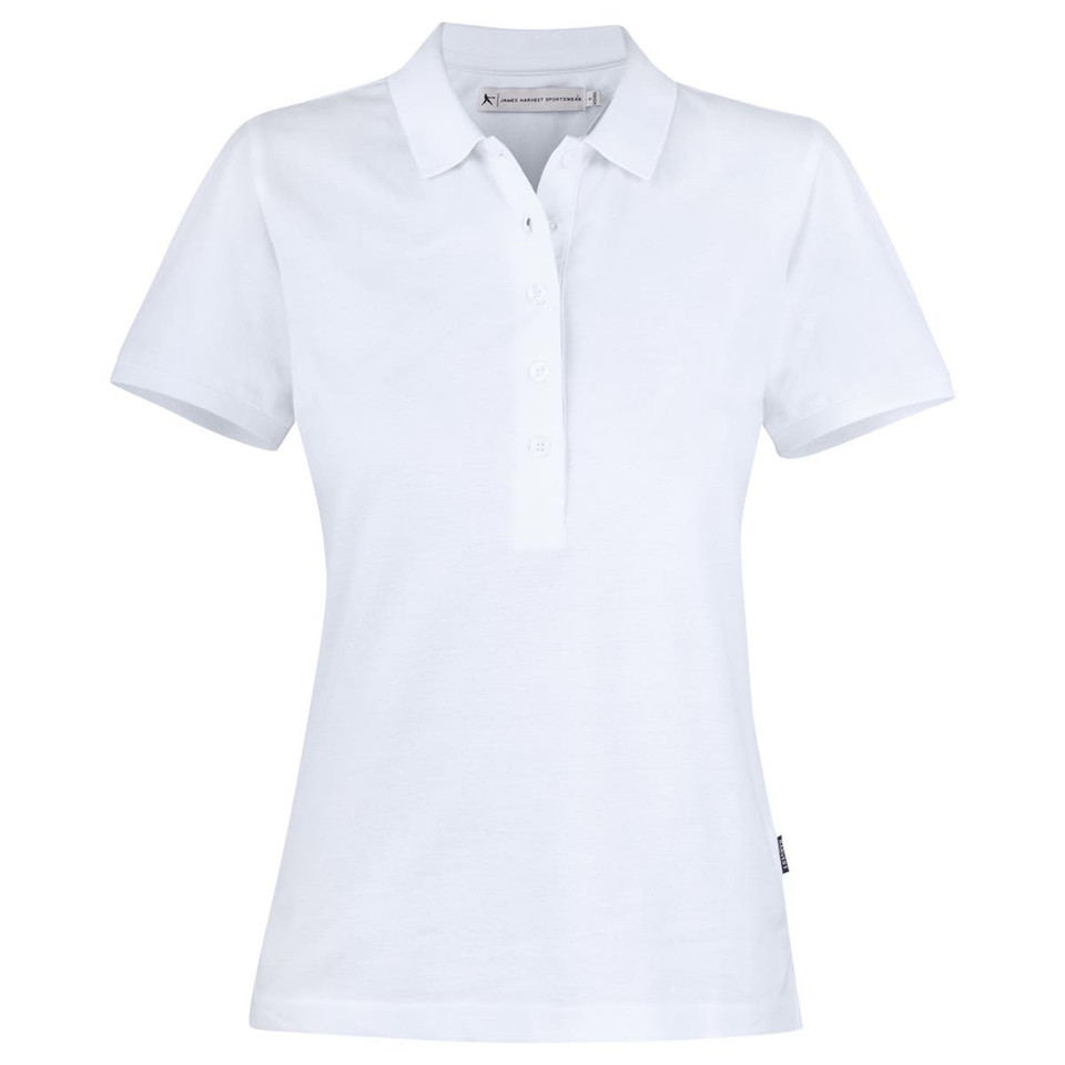 A white women's cotton polo shirt with a collar and a button-up front. It features a logo on the side.
