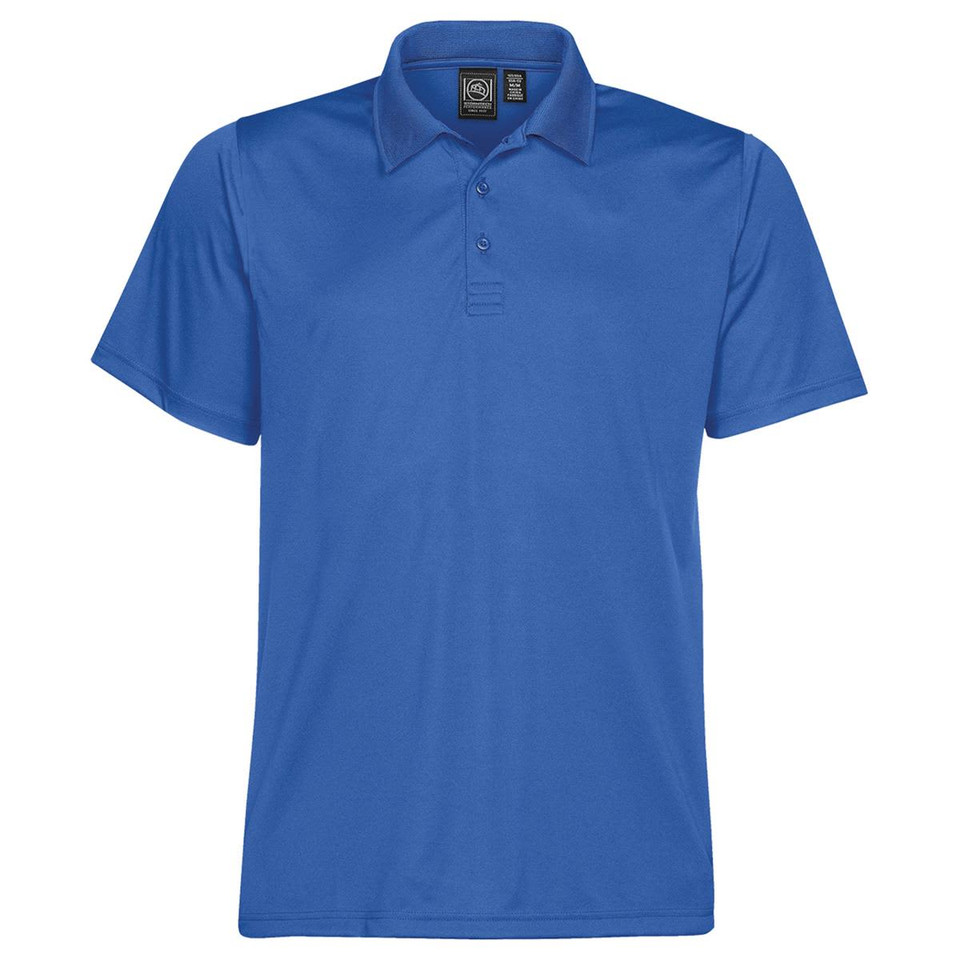 A blue men's polo shirt featuring a classic collar and a logo on the label.