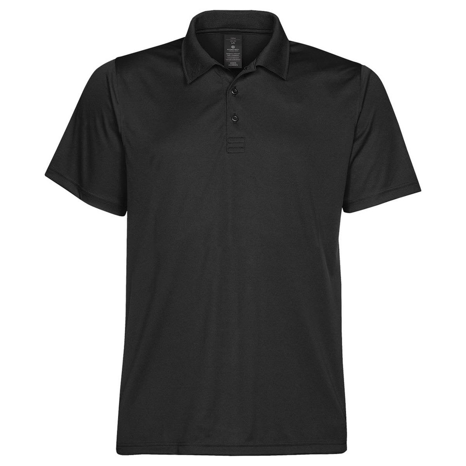 A black men's polo shirt featuring a classic collar and three-button placket, with a logo on the chest.