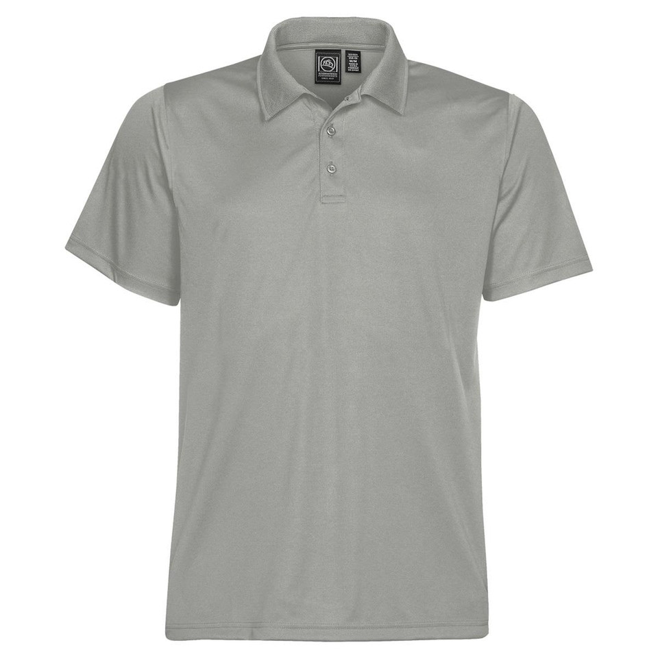 A versatile men's polo shirt in a light grey colour, featuring a collar and a logo tag.
