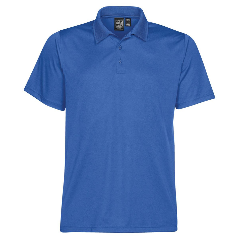 A blue men's polo shirt featuring a collar and a branding logo. Short sleeves and a classic fit design.