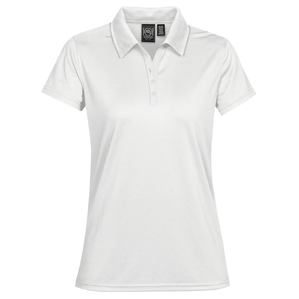 A white women's polo shirt featuring a classic collar and a logo on the chest.