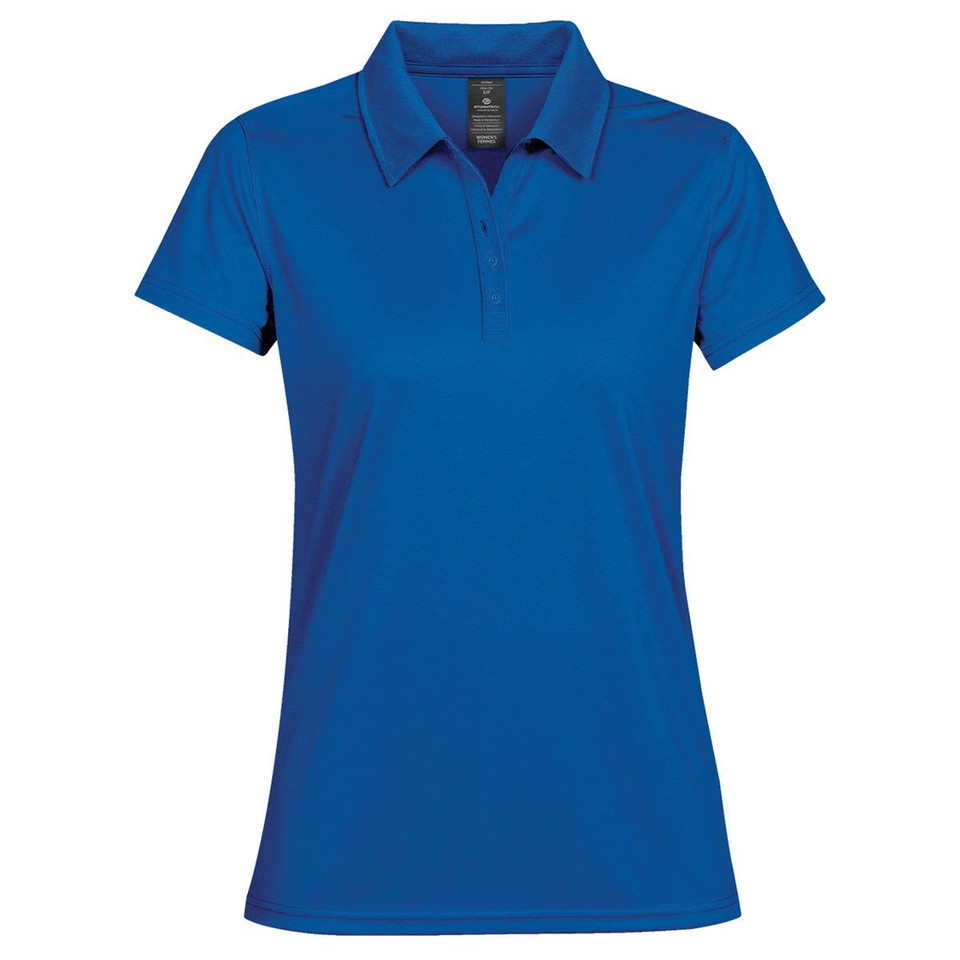 A blue women's polo shirt with a collar and short sleeves, featuring a logo on the chest.