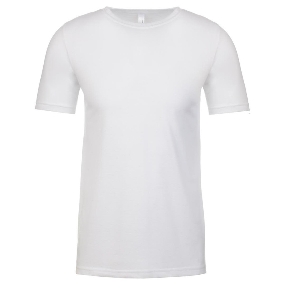 A plain white short-sleeve crew neck t-shirt with a logo on the side.