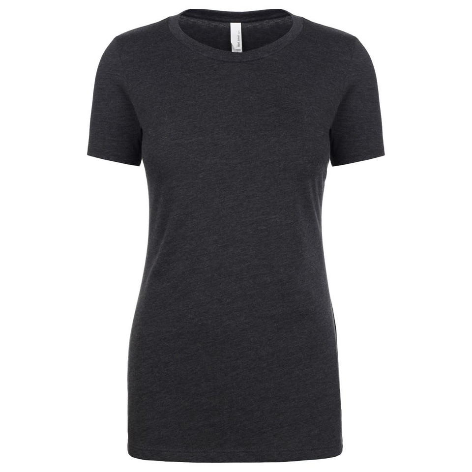 A women's charcoal grey crew neck t-shirt with short sleeves and a branded label.