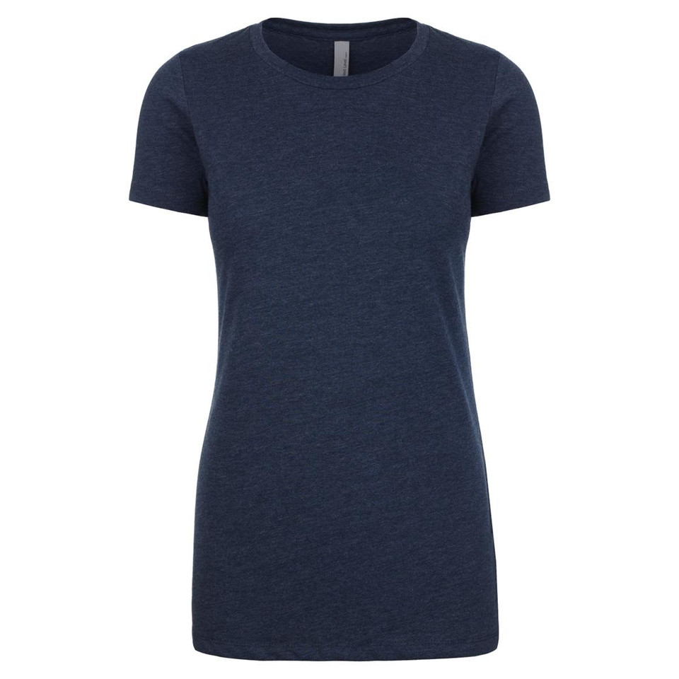 A women's short-sleeve crew t-shirt in navy blue, featuring a simple design and a brand logo.