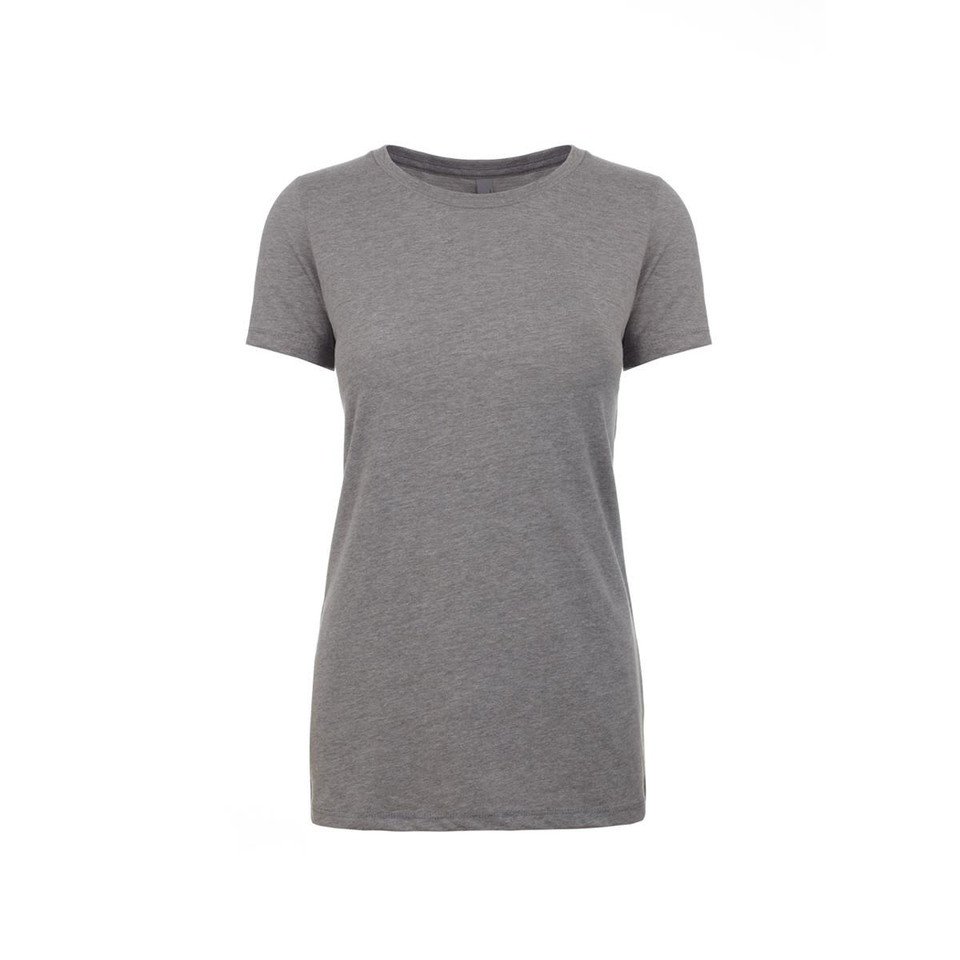 A grey women's crew neck t-shirt with short sleeves. The shirt features a logo.