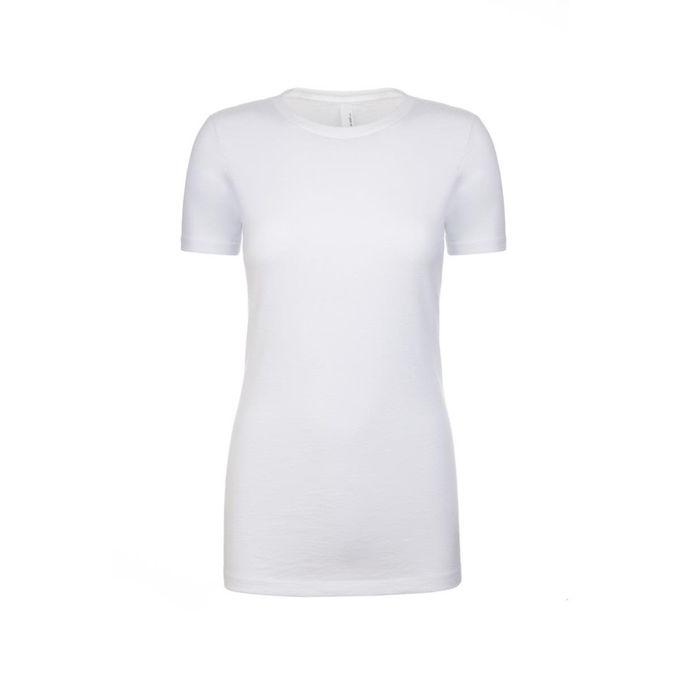 A white women's crew neck t-shirt with short sleeves and a fitted design. It features a logo at the neckline.