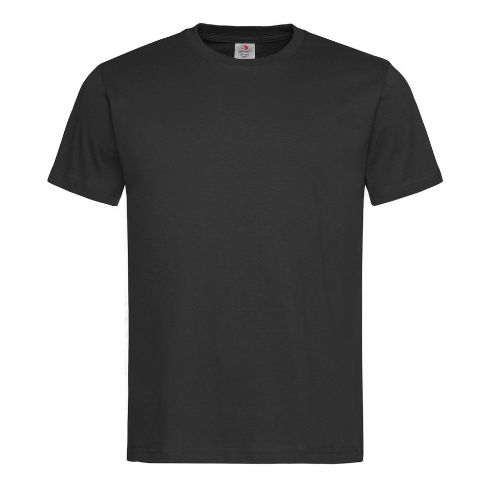 A black men's classic T-shirt with short sleeves and a round neckline, featuring a logo at the neck.