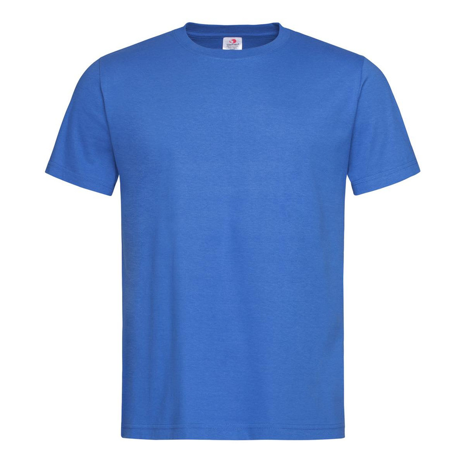 A classic blue organic t-shirt featuring a simple design and a logo on the neckline. Ideal for casual wear.