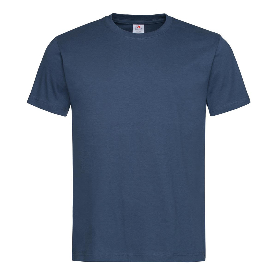 A blue Men's Classic-T Organic T-shirt with a crew neckline and short sleeves. The shirt features a logo label.