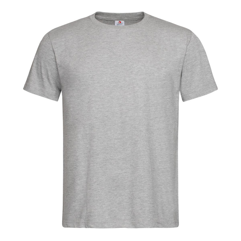 A grey men's classic organic T-shirt with a crew neckline and short sleeves. It features a logo on the label.
