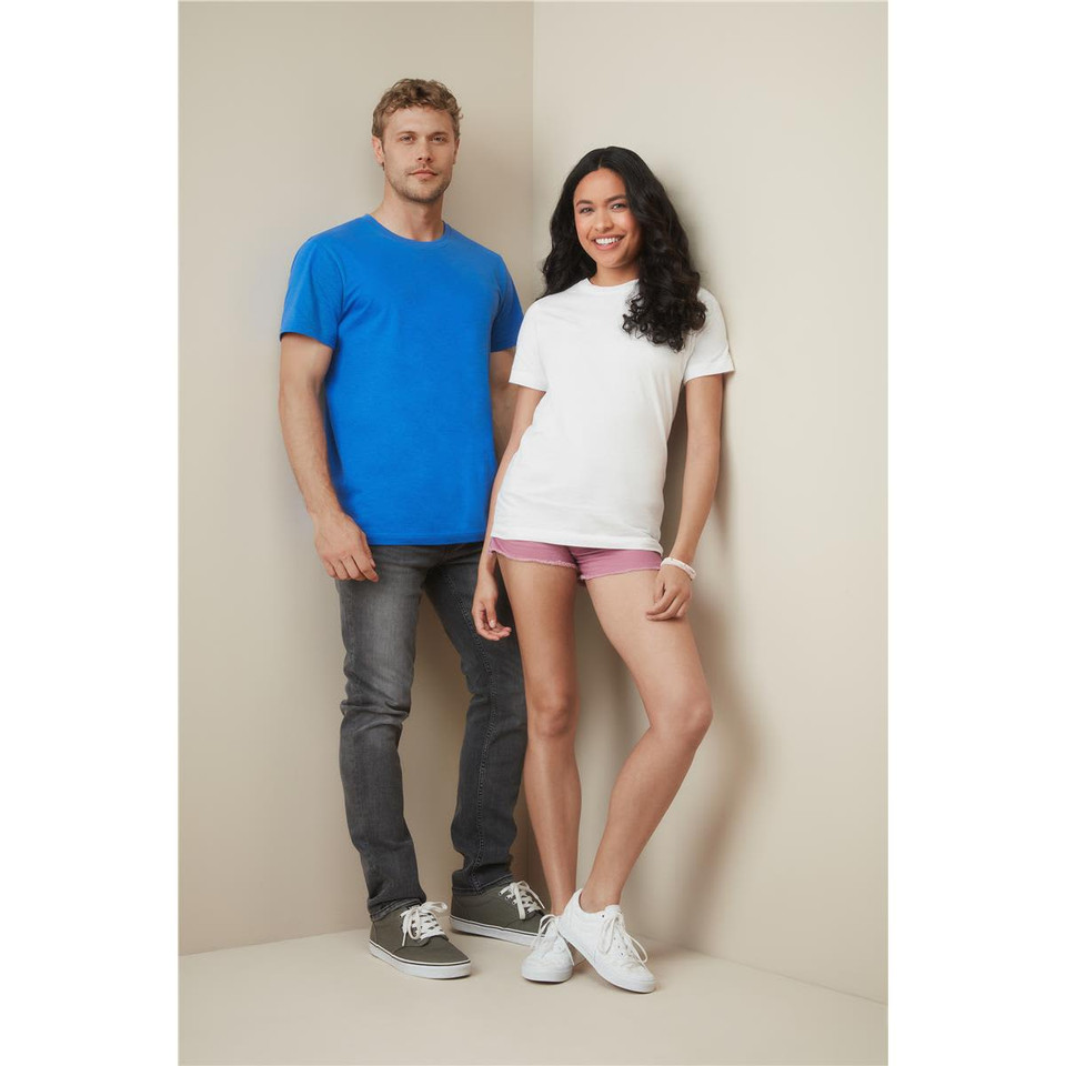 A blue T-shirt and a white T-shirt are displayed on models, with the blue tee on a male model and the white one on a female model.
