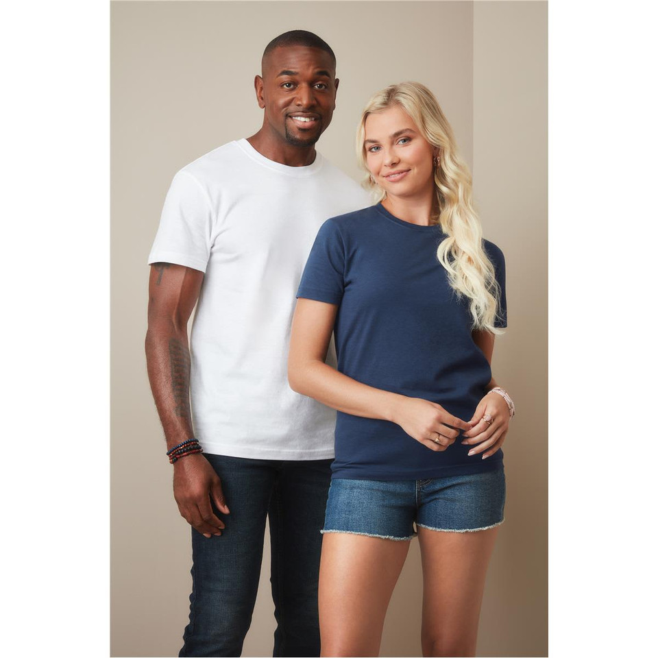 A white and a navy blue organic crew neck T-shirt displayed on models, featuring a logo on the shirt.