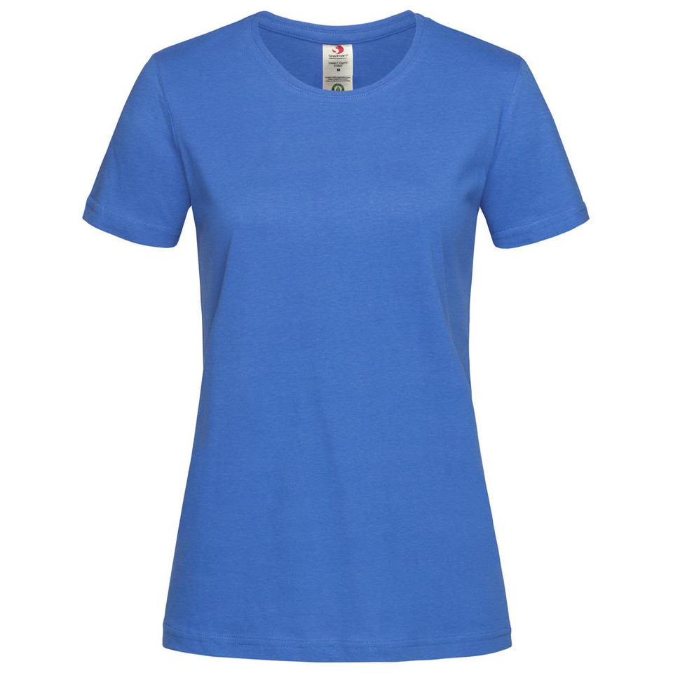 A women's classic organic crew neck t-shirt in blue, featuring a fitted design and short sleeves.