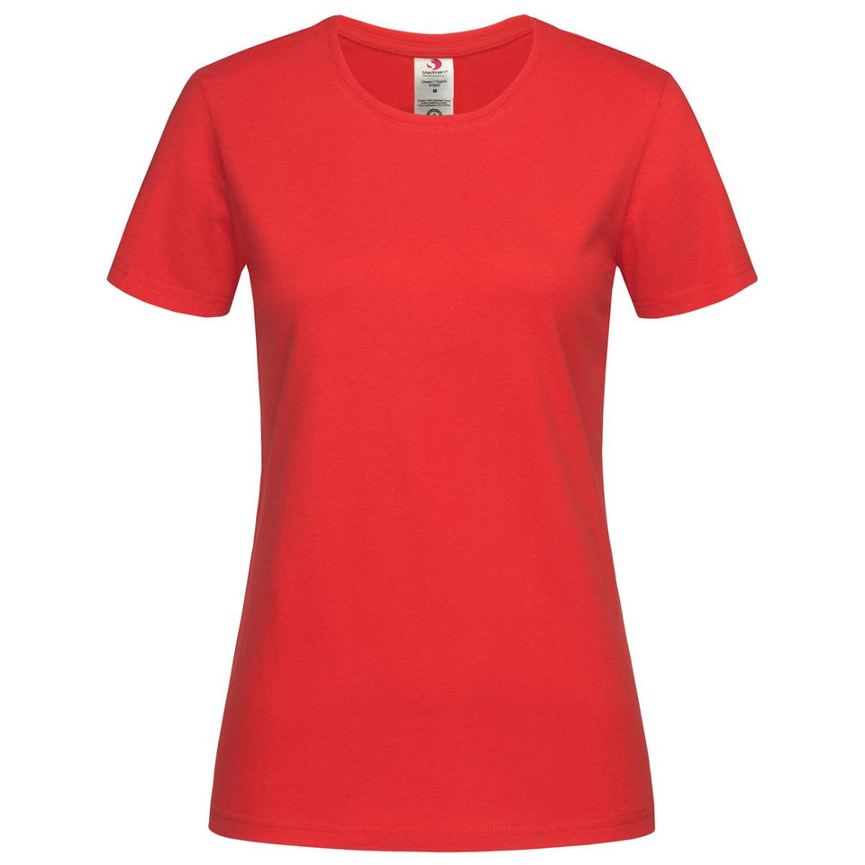 A red women's classic organic crew neck t-shirt displayed on a white background, featuring a label inside.