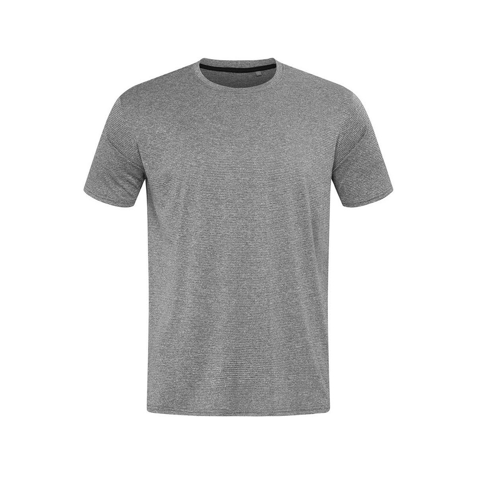 A grey T-shirt with short sleeves and a crew neckline. Features a logo on the front.