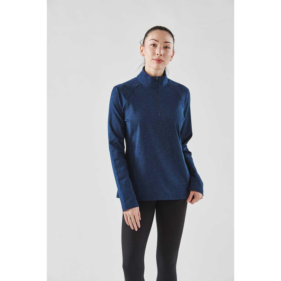 A navy blue women's 1/4 zip pullover with long sleeves, featuring a subtle texture and a branding logo.