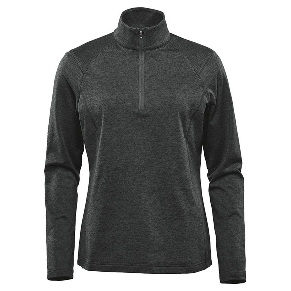 A women's dark grey 1/4 zip pullover featuring long sleeves and a high collar, with a logo on the front.