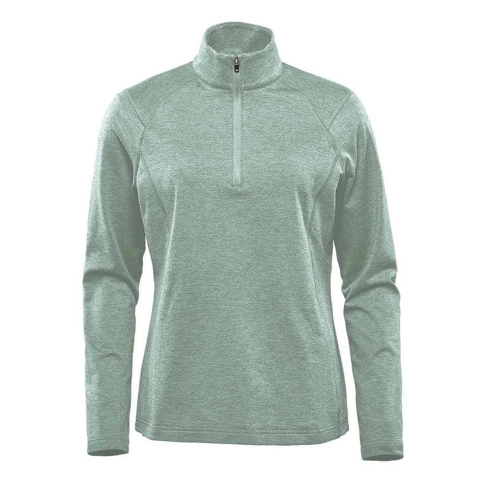 A green women's 1/4 zip pullover jumper with long sleeves and a collar. It features a logo on the front.