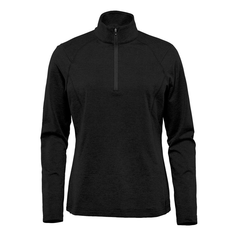 A black women's pullover featuring a quarter zip and long sleeves, with a logo on the sleeve.