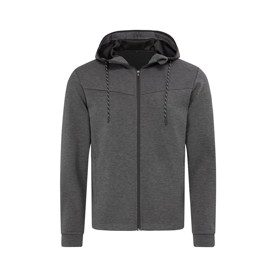 A grey men's recycled scuba jacket with a hood, featuring a zip front and drawstring detail. It has a logo.