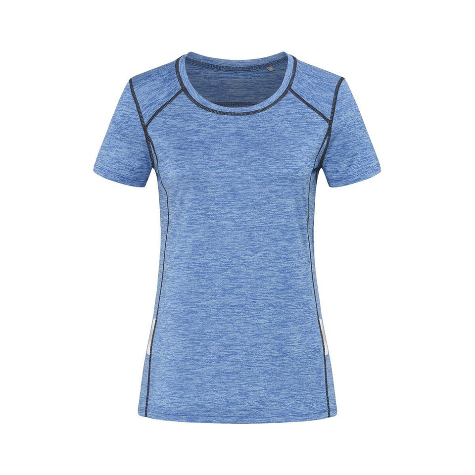A blue athletic T-shirt with short sleeves and contrasting seams, featuring a logo.