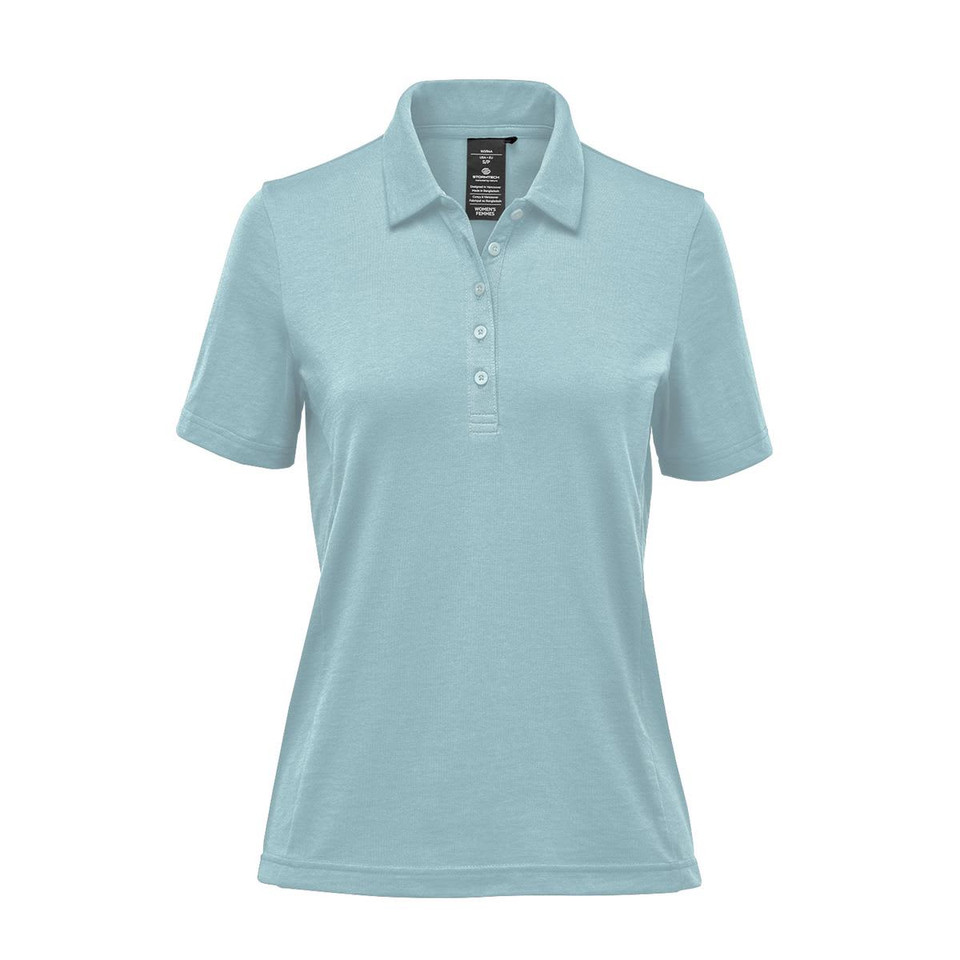A light blue women's polo shirt with a collar and buttons, featuring a branded logo.