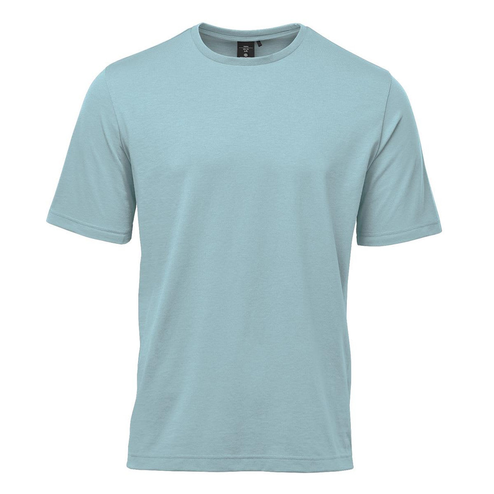 A light blue men's t-shirt with short sleeves and a round neckline. It features a logo on the label.