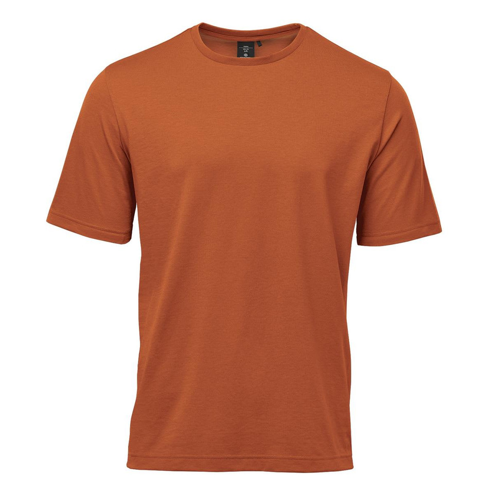 An orange men's t-shirt with short sleeves and a round neckline. It features a branding logo.
