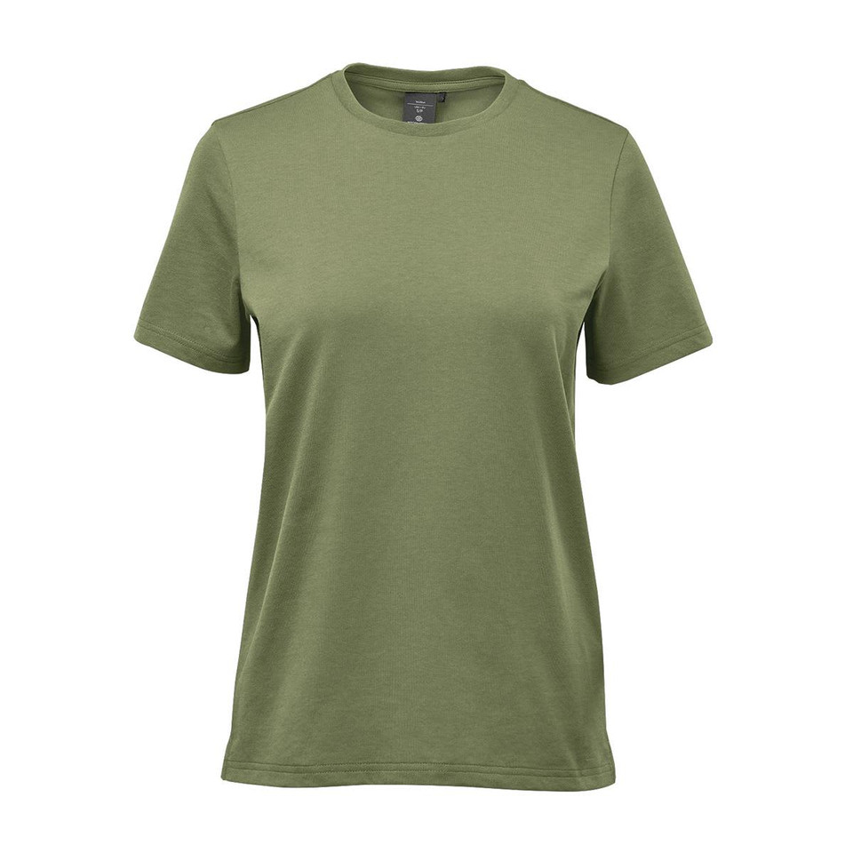 An olive green women's t-shirt with a classic crew neckline and short sleeves. Features a logo on the label.
