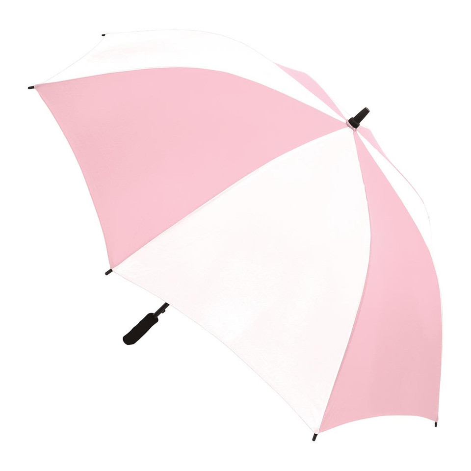 A pink and white umbrella with a black handle, featuring a logo on the canopy.