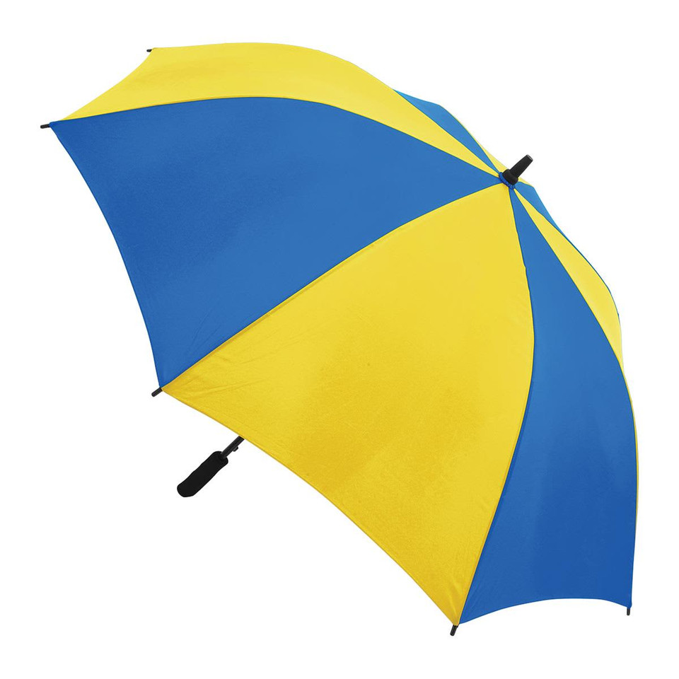 A blue and yellow umbrella with a curved handle and a classic design, suitable for leisure and outdoor use.