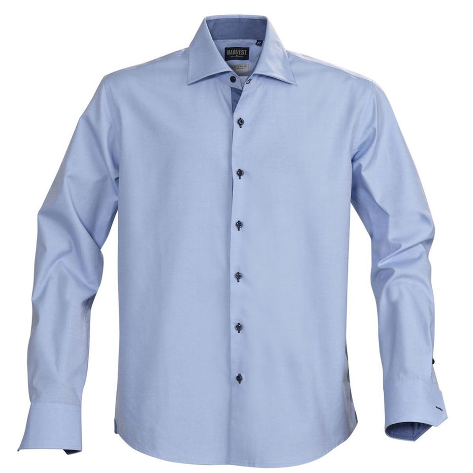 A light blue button-up shirt featuring long sleeves and a branded logo. Buttons are dark in colour.