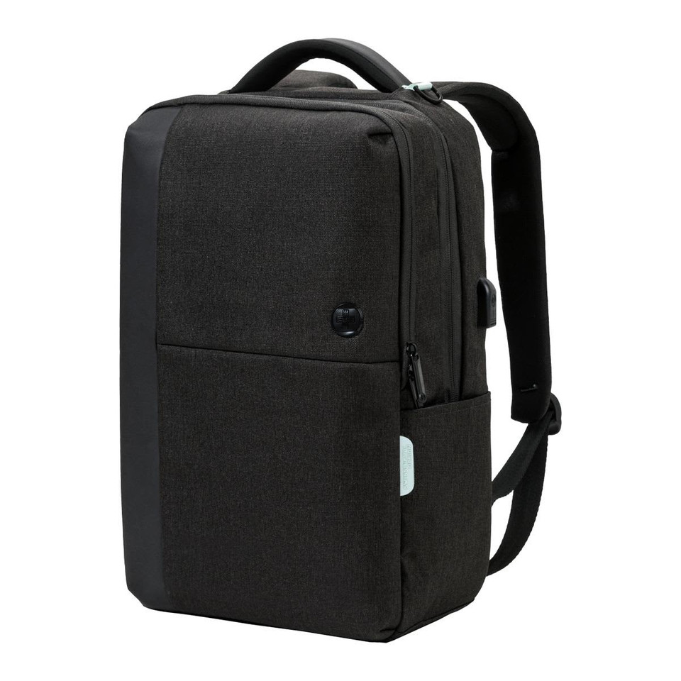 A sleek black backpack featuring multiple compartments and a branding logo. It has padded shoulder straps for comfort.