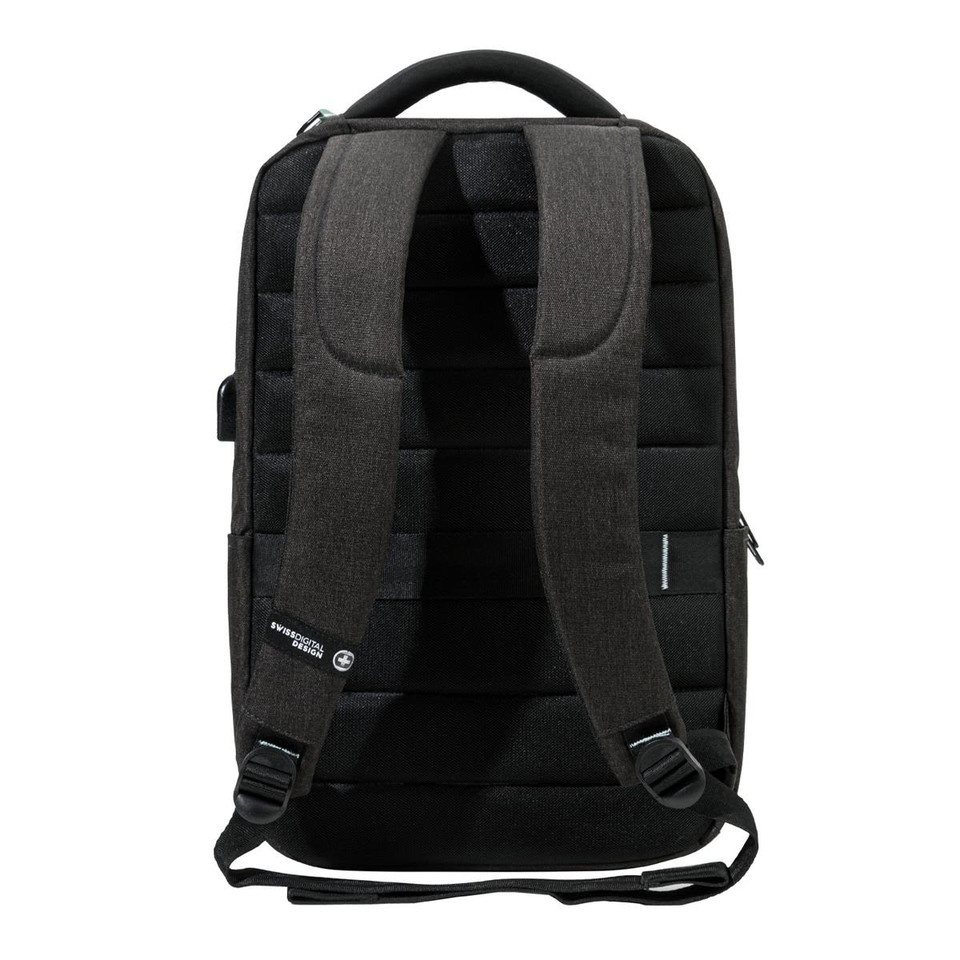 A black Swissdigital Arosa Backpack featuring padded straps and a sleek design, with a branding logo on the side.