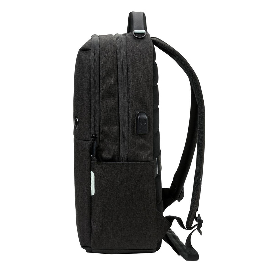 A dark grey backpack with padded straps, featuring multiple compartments and a logo on the side.