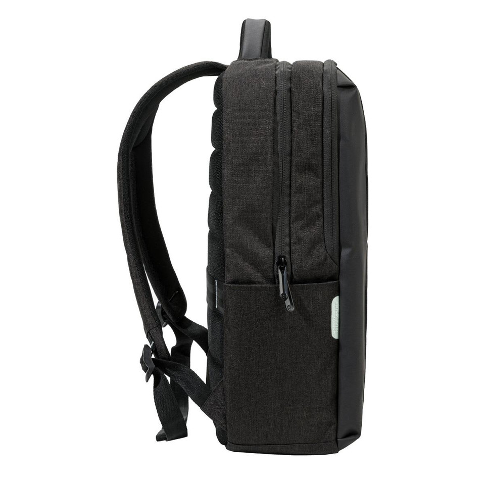 A black Swissdigital Arosa Backpack featuring padded straps and a side pocket, with a sleek, modern design.