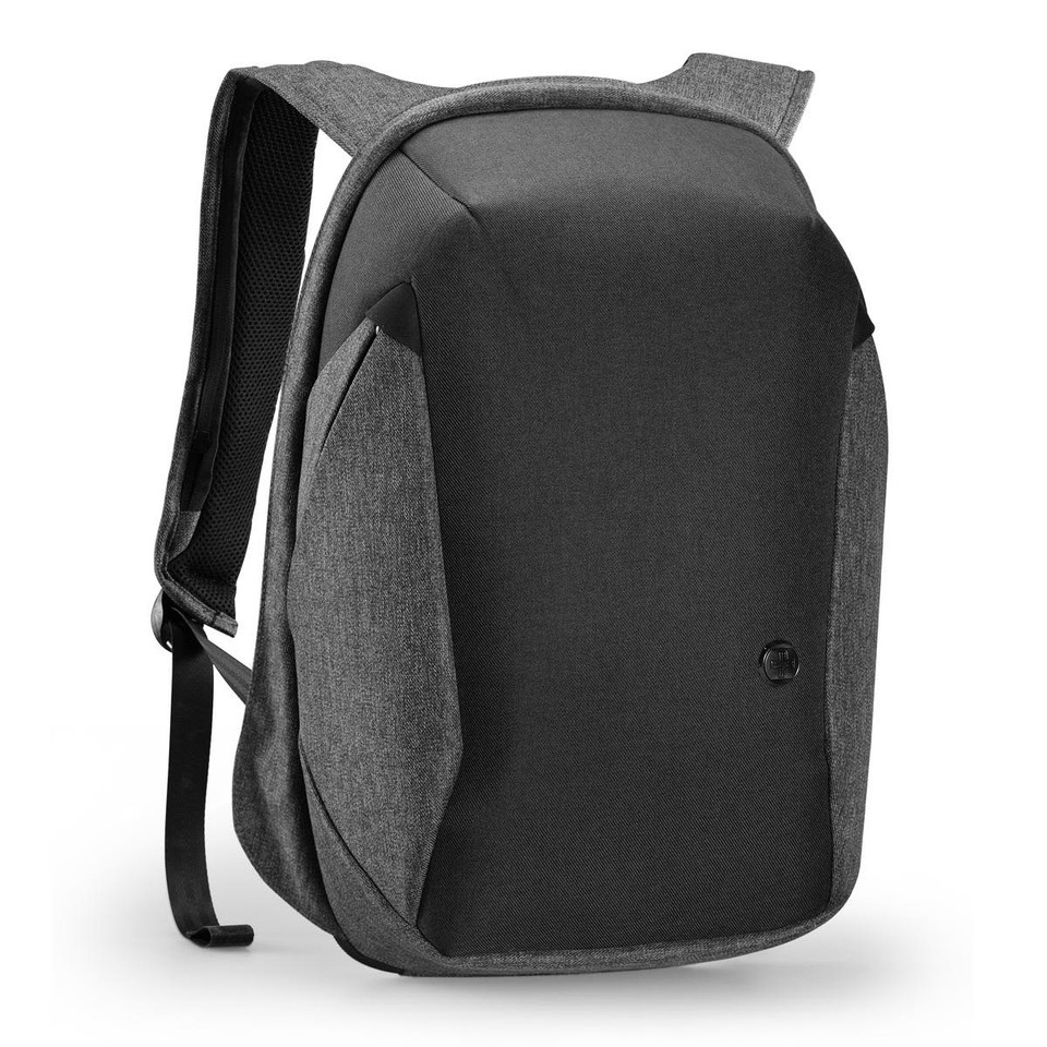 A grey and black backpack with a sleek design, featuring side pockets and a logo.