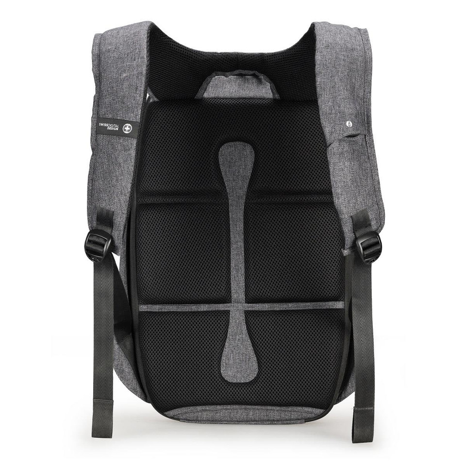 A grey Swissdigital Cosmo 3.0 Backpack featuring padded mesh back support and adjustable straps.