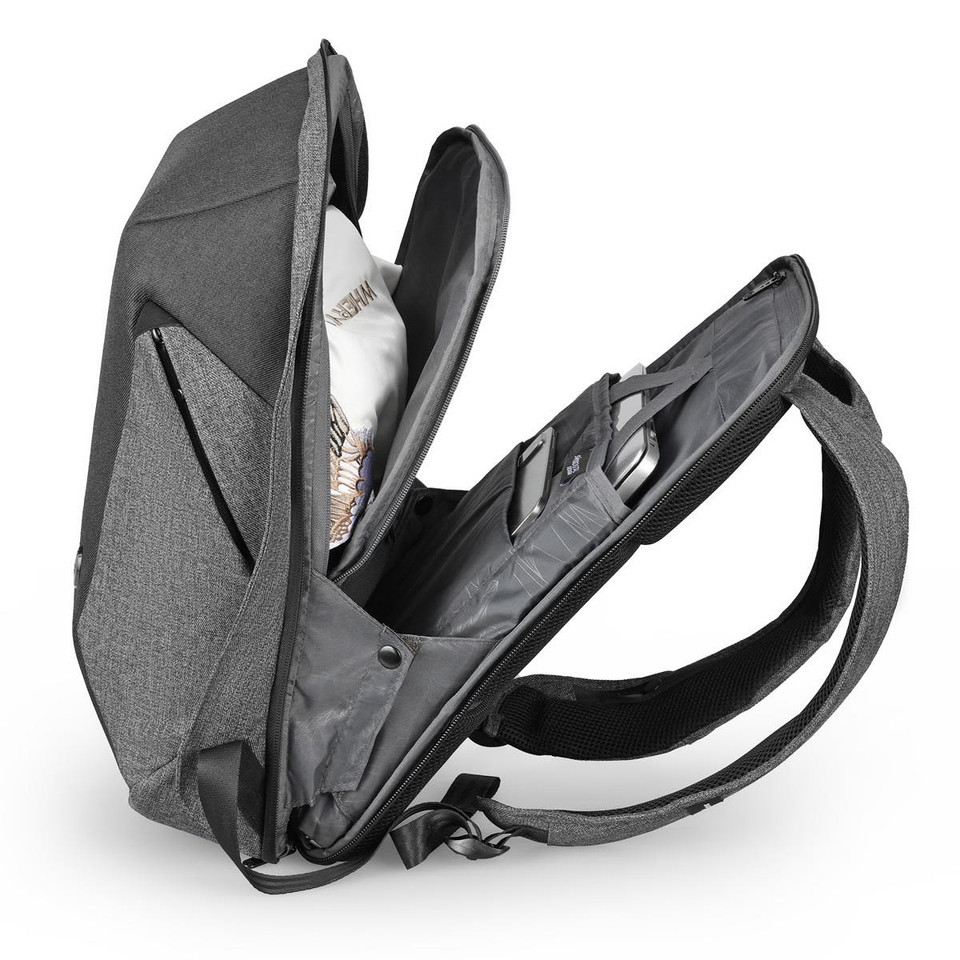 A grey backpack with a spacious interior, featuring multiple compartments and a branding logo.