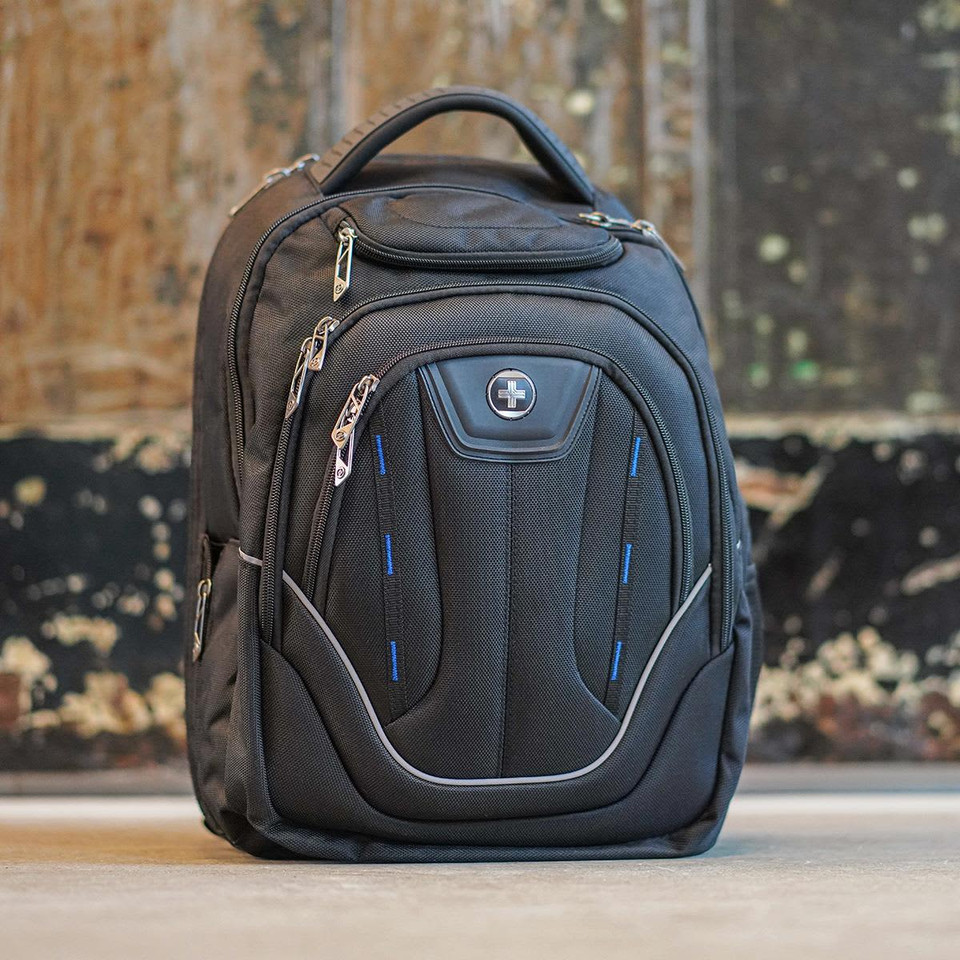 A black backpack with blue accents and a logo, featuring multiple compartments and zippers.