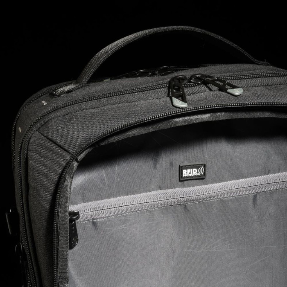 Black RFID-protected travel bag with secure zipper and handle.